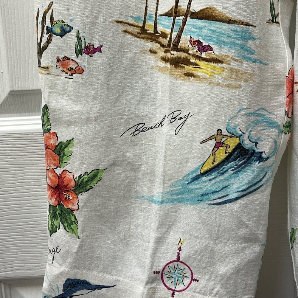 Vintage Hot Cotton Marc Ware Womens S Beach Island Surf Print White Linen Pant - Picture 4 of 14